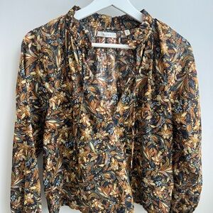 Doen Black Floral V-Neck Blouse with Gold and Brown Accents